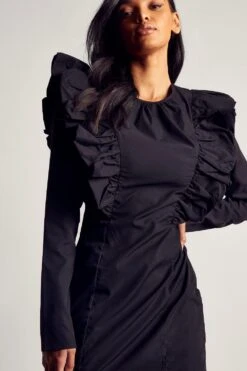 Poplin Ruffle Detail Mini Dress -Dress Sales Store black poplin ruffle detail mini dress 4