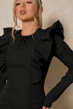 Poplin Ruffle Detail Mini Dress -Dress Sales Store black poplin ruffle detail mini dress 5