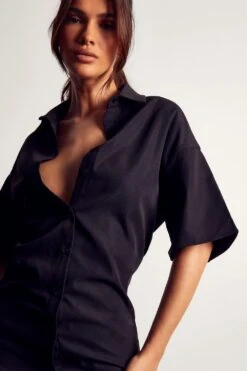 Poplin Short Sleeve Shirt Dress -Dress Sales Store black poplin short sleeve shirt dress 1