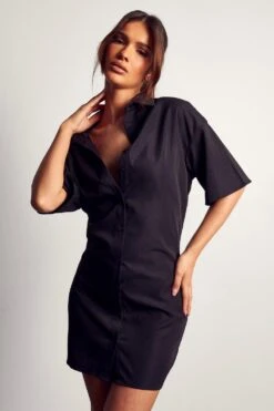 Poplin Short Sleeve Shirt Dress -Dress Sales Store black poplin short sleeve shirt dress 4