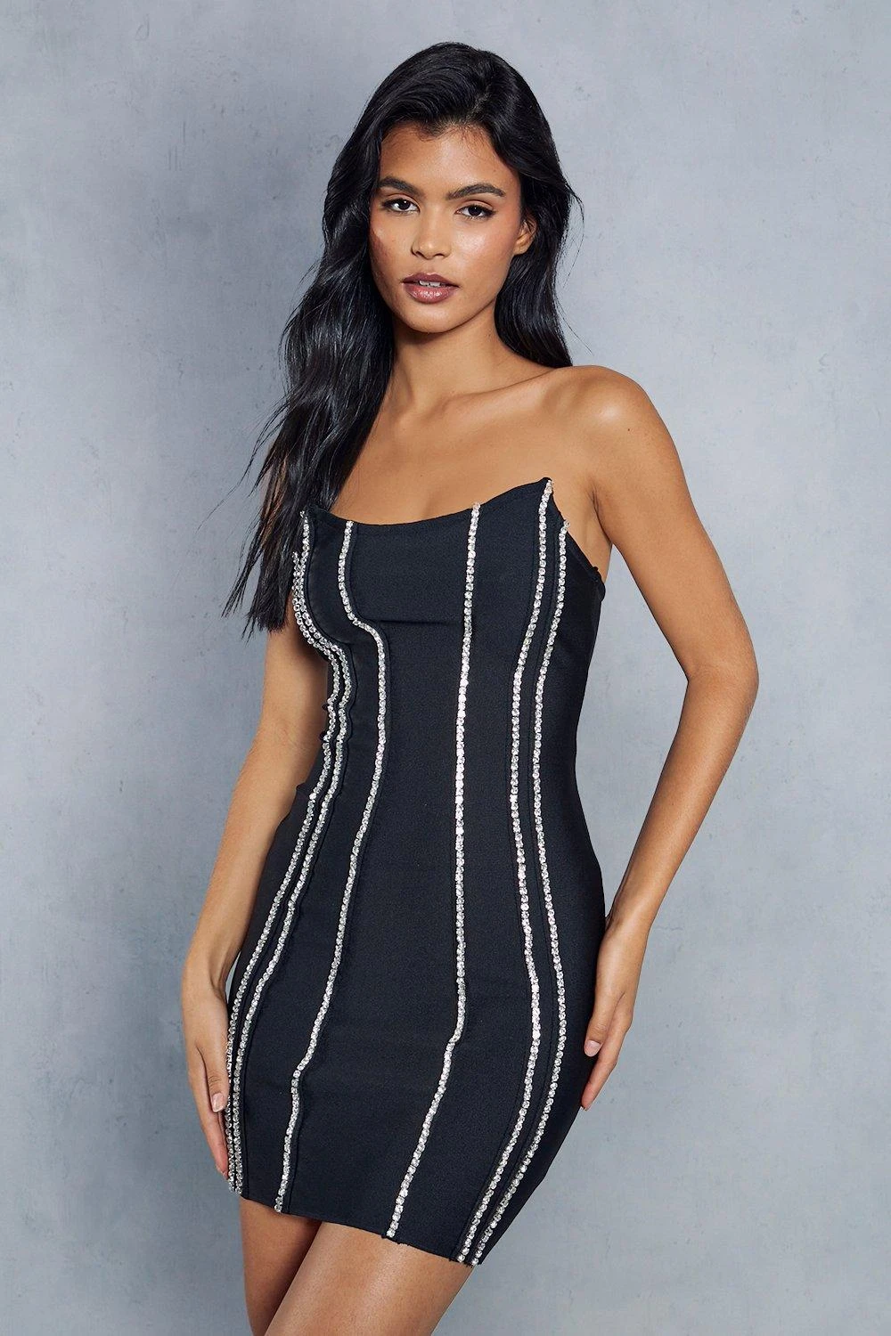 Premium Bandage Diamante Trim Bandeau Dress 3 Premium Bandage Diamante Trim Bandeau Dress