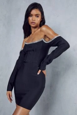 Premium Bandage Diamante Trim Bardot Dress -Dress Sales Store black premium bandage diamante trim bardot dress 4