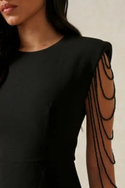 Premium Beaded Shoulder Pad Mini Dress -Dress Sales Store black premium beaded shoulder pad mini dress 1