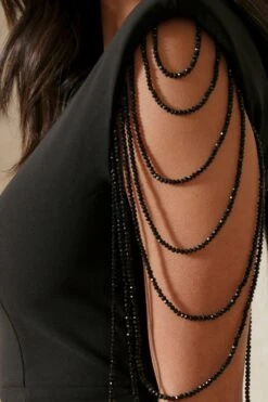 Premium Beaded Shoulder Pad Mini Dress -Dress Sales Store black premium beaded shoulder pad mini dress 4