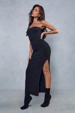 Premium Brushed Rib Bandeau Split Leg Maxi Dress -Dress Sales Store black premium brushed rib bandeau split leg maxi dress 3