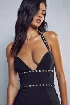 Premium Diamante Trim Cupped Mini Dress -Dress Sales Store black premium diamante trim cupped mini dress 4