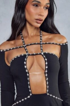 Premium Diamante Trim Cut Out Bodycon Dress -Dress Sales Store black premium diamante trim cut out bodycon dress 1