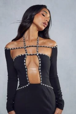 Premium Diamante Trim Cut Out Bodycon Dress -Dress Sales Store black premium diamante trim cut out bodycon dress 4