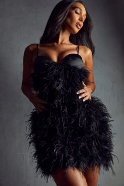 Premium Feather Cupped Satin Mini Dress -Dress Sales Store black premium feather cupped satin mini dress 1