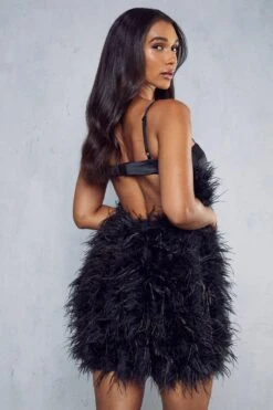 Premium Feather Cupped Satin Mini Dress -Dress Sales Store black premium feather cupped satin mini dress 2