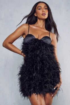 Premium Feather Cupped Satin Mini Dress -Dress Sales Store black premium feather cupped satin mini dress 4