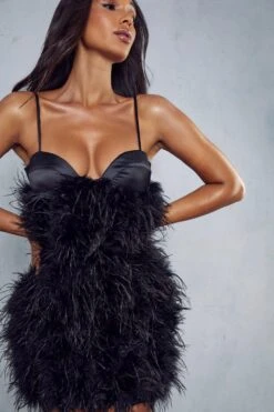 Premium Feather Cupped Satin Mini Dress -Dress Sales Store black premium feather cupped satin mini dress 5