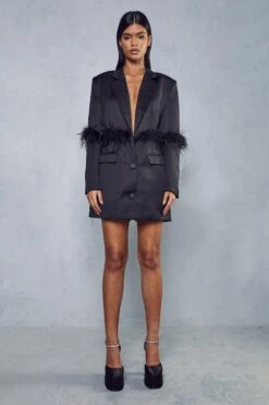 Premium Feather Detail Blazer Dress -Dress Sales Store black premium feather detail blazer dress 3