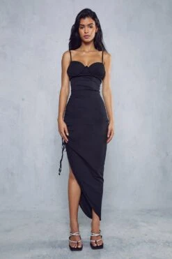 Premium Mesh Corset Ruched Side Midi Dress -Dress Sales Store black premium mesh corset ruched side midi dress 4