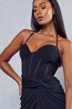 Premium Mesh Corseted Halterneck Drape Dress -Dress Sales Store black premium mesh corseted halterneck drape dress 1