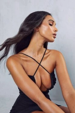 Premium Mesh Cross Strap Curved Mini Dress -Dress Sales Store black premium mesh cross strap curved mini dress 1