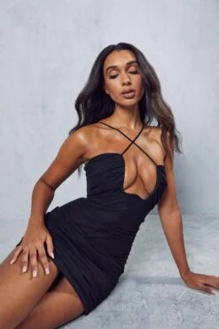 Premium Mesh Cross Strap Curved Mini Dress -Dress Sales Store black premium mesh cross strap curved mini dress 4