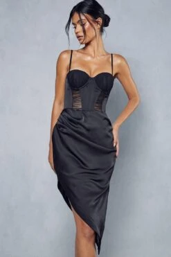 Premium Mesh Insert Corset Satin Wrap Midi Dress -Dress Sales Store black premium mesh insert corset satin wrap midi dress 4