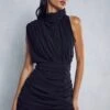 Premium Mesh Ruched Asymmetric High Neck Mini Dress -Dress Sales Store black premium mesh ruched asymmetric high neck mini dress