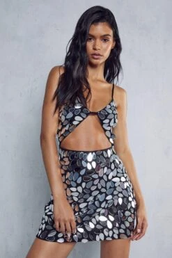 Premium Mirror Embellished Cut Out Mini Dress -Dress Sales Store black premium mirror embellished cut out mini dress 1
