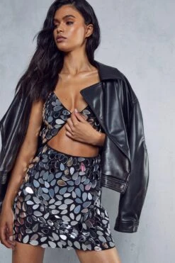 Premium Mirror Embellished Cut Out Mini Dress -Dress Sales Store black premium mirror embellished cut out mini dress 5