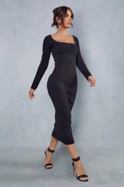 Premium Rib Square Neck Maxi Dress -Dress Sales Store black premium rib square neck maxi dress 4