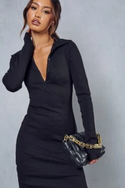 Premium Ribbed Collared Long Sleeve Slit Leg Midi Dress 8 Premium Ribbed Collared Long Sleeve Slit Leg Midi Dress -Dress Sales Store black premium ribbed collared long sleeve slit leg midi dress 1