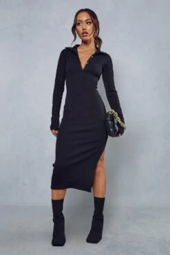 Premium Ribbed Collared Long Sleeve Slit Leg Midi Dress 10 Premium Ribbed Collared Long Sleeve Slit Leg Midi Dress -Dress Sales Store black premium ribbed collared long sleeve slit leg midi dress 3