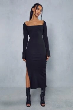Premium Ribbed Square Neck Split Leg Maxi Dress 10 Premium Ribbed Square Neck Split Leg Maxi Dress -Dress Sales Store black premium ribbed square neck split leg maxi dress 3