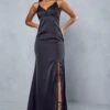 Premium Satin Button Front Maxi Dress -Dress Sales Store black premium satin button front maxi dress