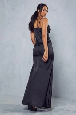Premium Satin Button Front Maxi Dress -Dress Sales Store black premium satin button front maxi dress 2