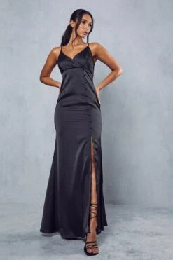 Premium Satin Button Front Maxi Dress