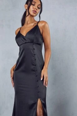 Premium Satin Button Front Maxi Dress -Dress Sales Store black premium satin button front maxi dress 4