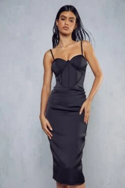 Premium Satin Corsetry Bodycon Midi Dress -Dress Sales Store black premium satin corsetry bodycon midi dress 4