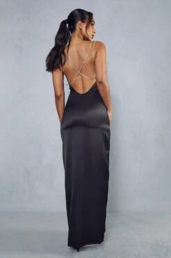 Premium Satin Cowl Neck Diamante Backless Maxi Dress -Dress Sales Store black premium satin cowl neck diamante backless maxi dress 2