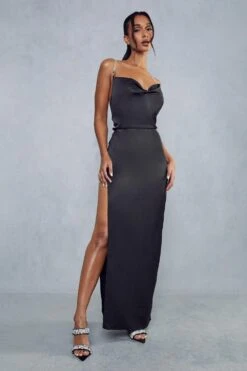 Premium Satin Cowl Neck Diamante Backless Maxi Dress