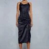 Premium Satin Cowl Neck Ruched Side Midi Dress -Dress Sales Store black premium satin cowl neck ruched side midi dress