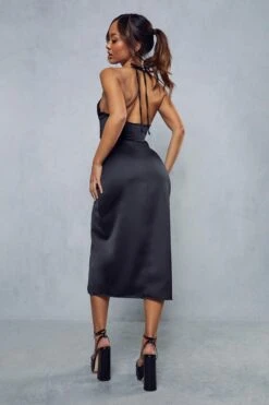 Premium Satin Cowl Neck Ruched Side Midi Dress -Dress Sales Store black premium satin cowl neck ruched side midi dress 2