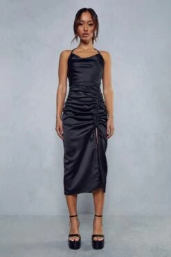 Premium Satin Cowl Neck Ruched Side Midi Dress