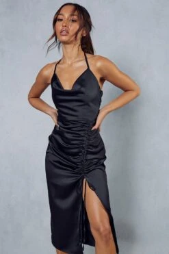 Premium Satin Cowl Neck Ruched Side Midi Dress -Dress Sales Store black premium satin cowl neck ruched side midi dress 3