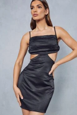 Premium Satin Diamante Cut Out Strappy Mini Dress