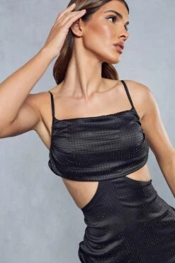 Premium Satin Diamante Cut Out Strappy Mini Dress -Dress Sales Store black premium satin diamante cut out strappy mini dress 4