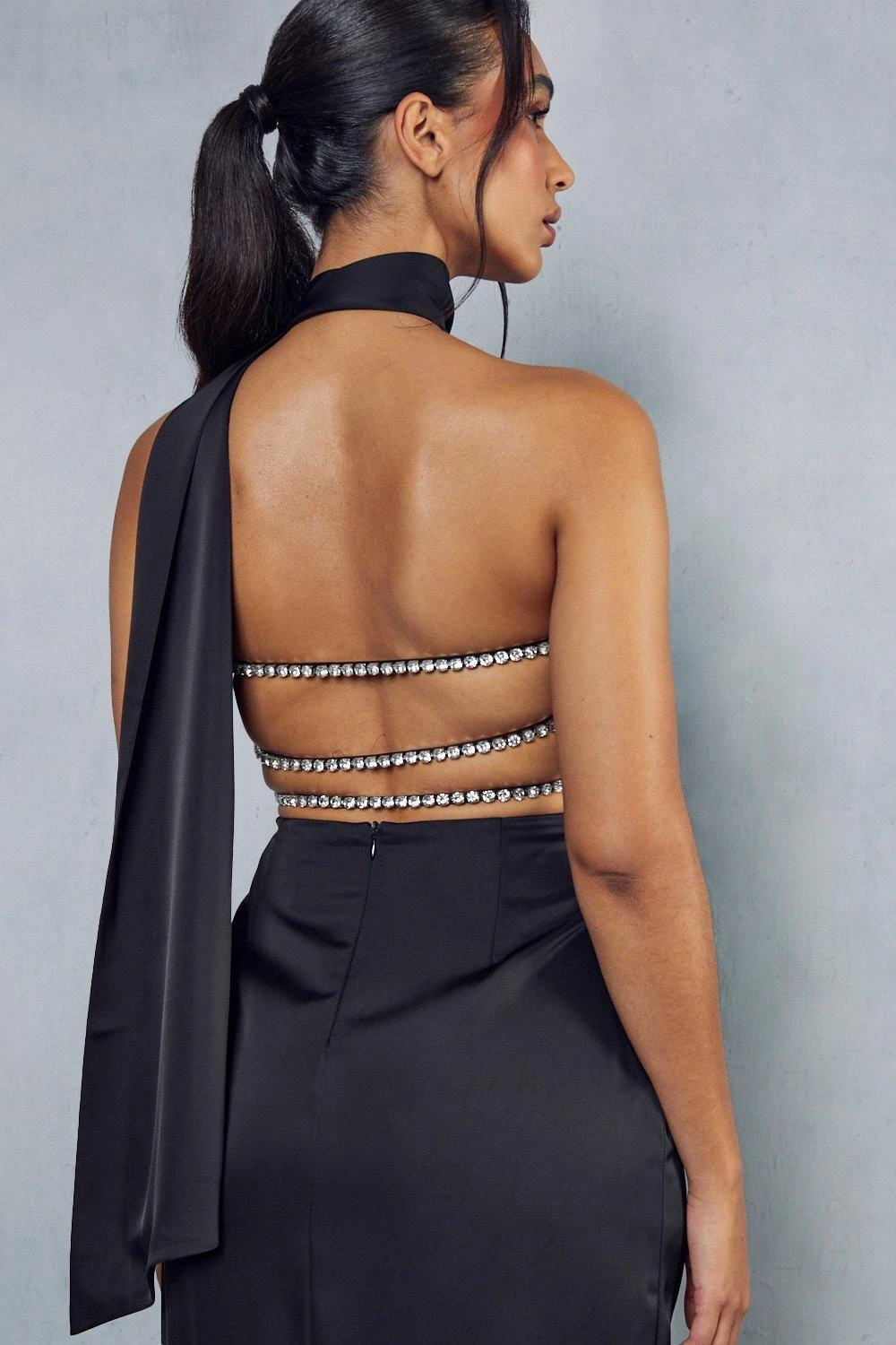 Premium Satin Diamante Drape Back Split Leg Maxi Dress 4 Premium Satin Diamante Drape Back Split Leg Maxi Dress - Image 2