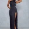Premium Satin Diamante Drape Back Split Leg Maxi Dress -Dress Sales Store black premium satin diamante drape back split leg maxi dress