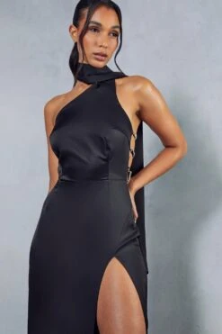 Premium Satin Diamante Drape Back Split Leg Maxi Dress 11 Premium Satin Diamante Drape Back Split Leg Maxi Dress -Dress Sales Store black premium satin diamante drape back split leg maxi dress 4