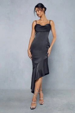 Premium Satin Draped Bust Frill Hem Midi Dress -Dress Sales Store black premium satin draped bust frill hem midi dress 1