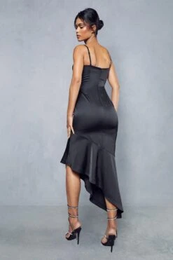 Premium Satin Draped Bust Frill Hem Midi Dress -Dress Sales Store black premium satin draped bust frill hem midi dress 3