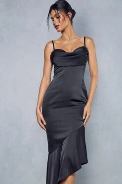 Premium Satin Draped Bust Frill Hem Midi Dress -Dress Sales Store black premium satin draped bust frill hem midi dress 5