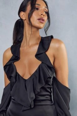 Premium Satin Frill Detail Exaggerated Sleeve Mini Dress 8 Premium Satin Frill Detail Exaggerated Sleeve Mini Dress -Dress Sales Store black premium satin frill detail exaggerated sleeve mini dress 1