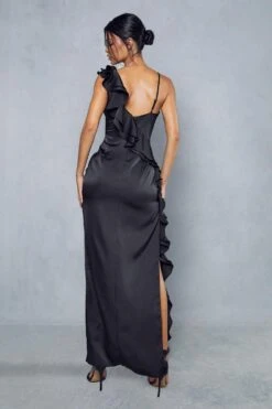 Premium Satin Frill Edge Split Leg Maxi Dress -Dress Sales Store black premium satin frill edge split leg maxi dress 2